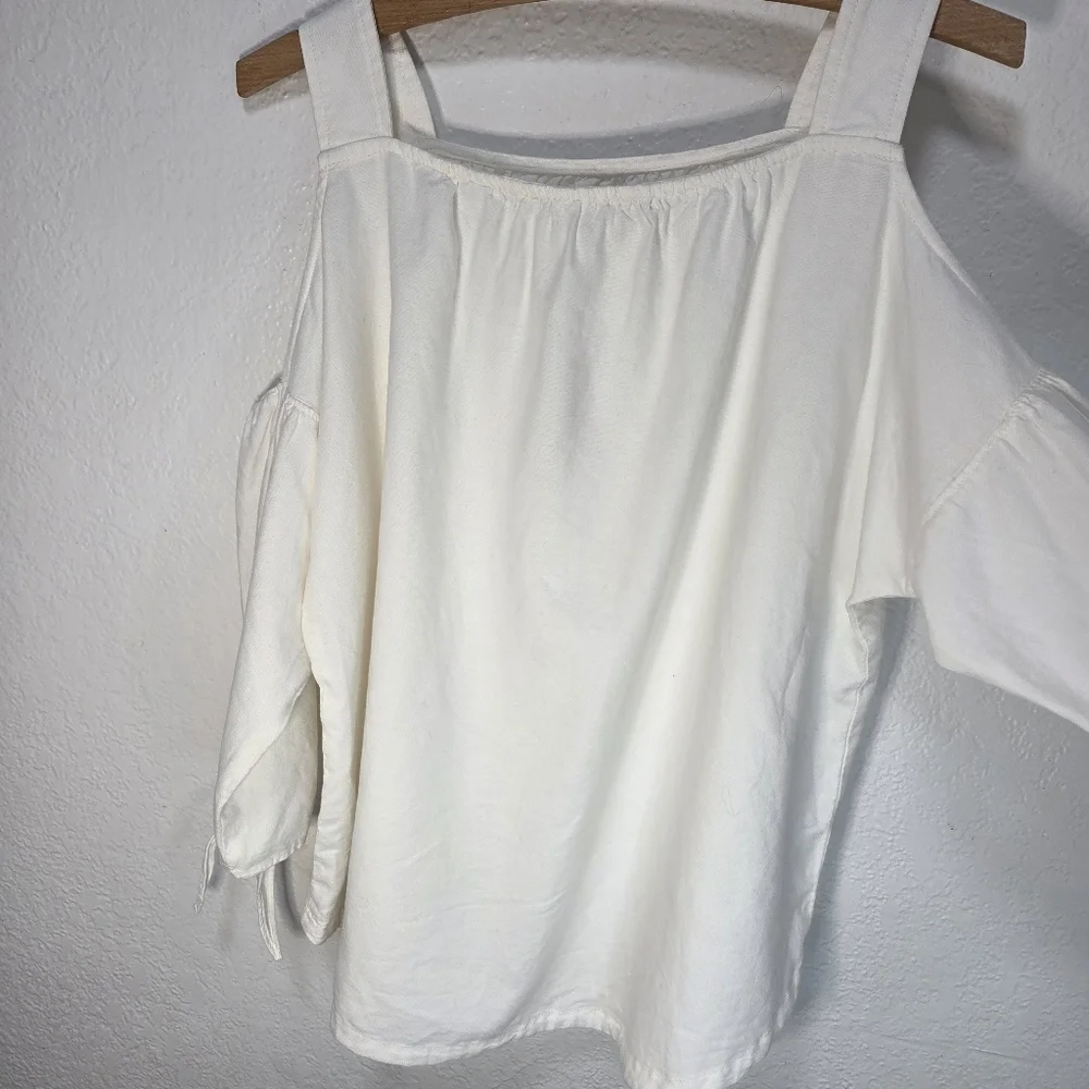 Madewell Top Blouse XS Women's Indigo Cold Shoulder 3/4 Sleeve White 100% Cotton - Picture 4 of 15